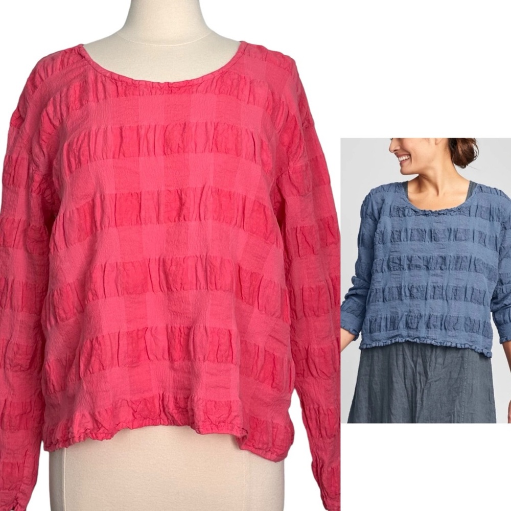 Flax Linen Blend Pucker Top In Pink Oversized Lagenlook Size S